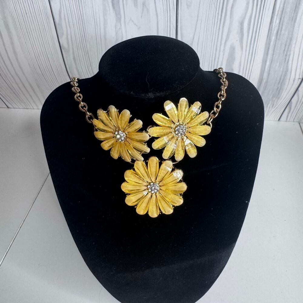 Vintage Yellow Flower Statement Necklace Rhinestone Center Three Tier Daisy